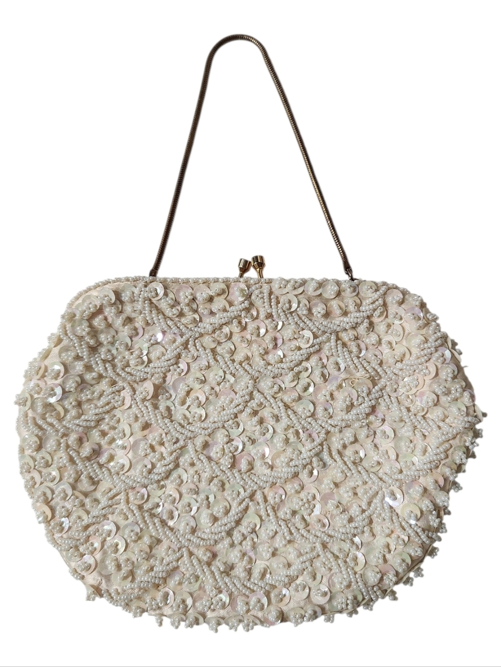 Vintage Elegant Hand Made Cream Beaded Sequin Evening Bag